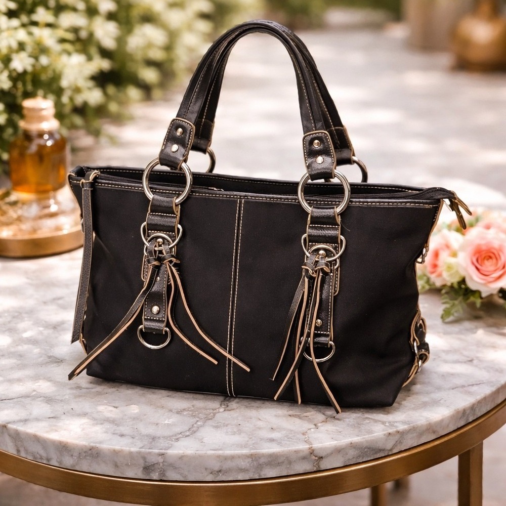 Franco Sarto Black Nylon Satchel Handbag Silver Hardware Geometric Lining‎